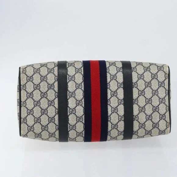 GUCCI GG Supreme Sherry Line Boston Bag PVC Navy Gold Red Auth 150128 - Picture 5 of 16